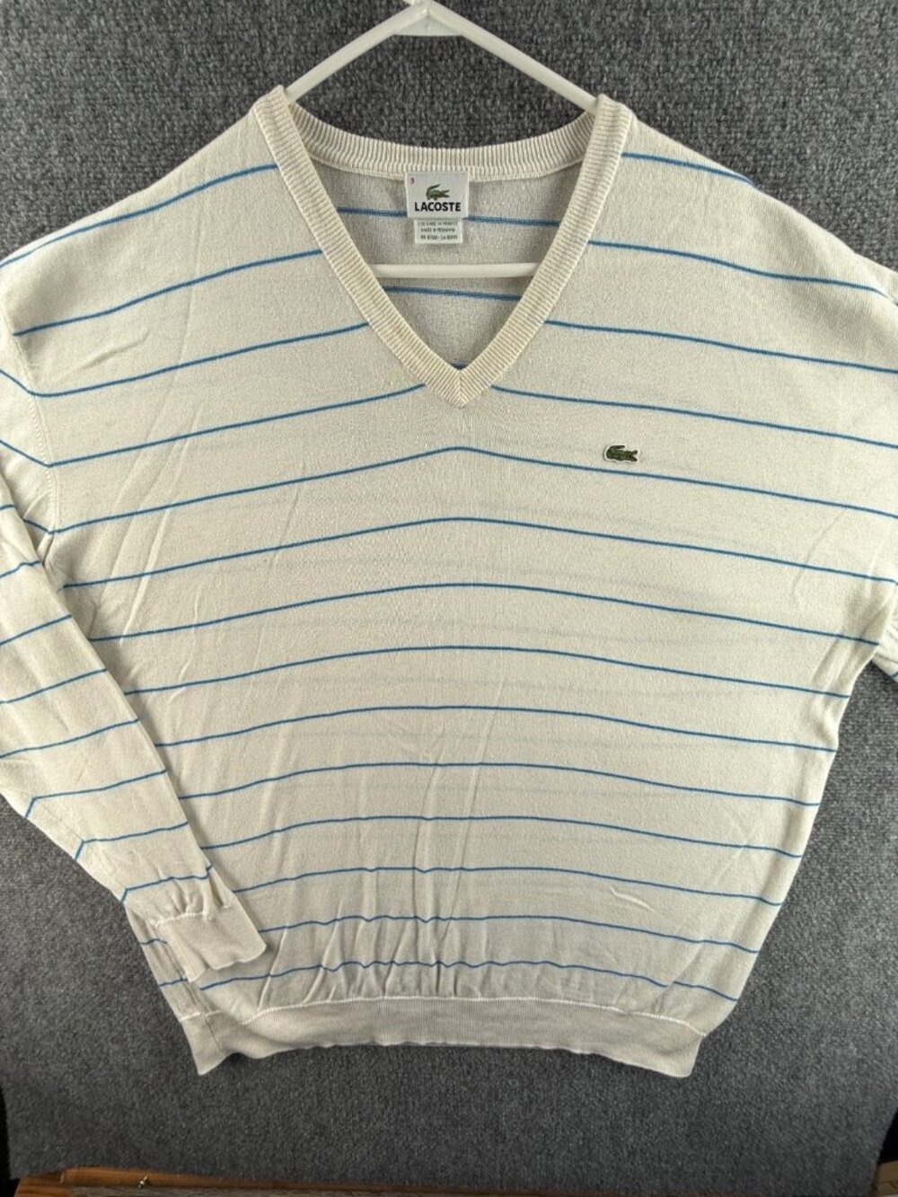 Lacoste Men Sweater Pullover Size 9 Striped Beige Blue V Neck Croc Logo Adult 4X